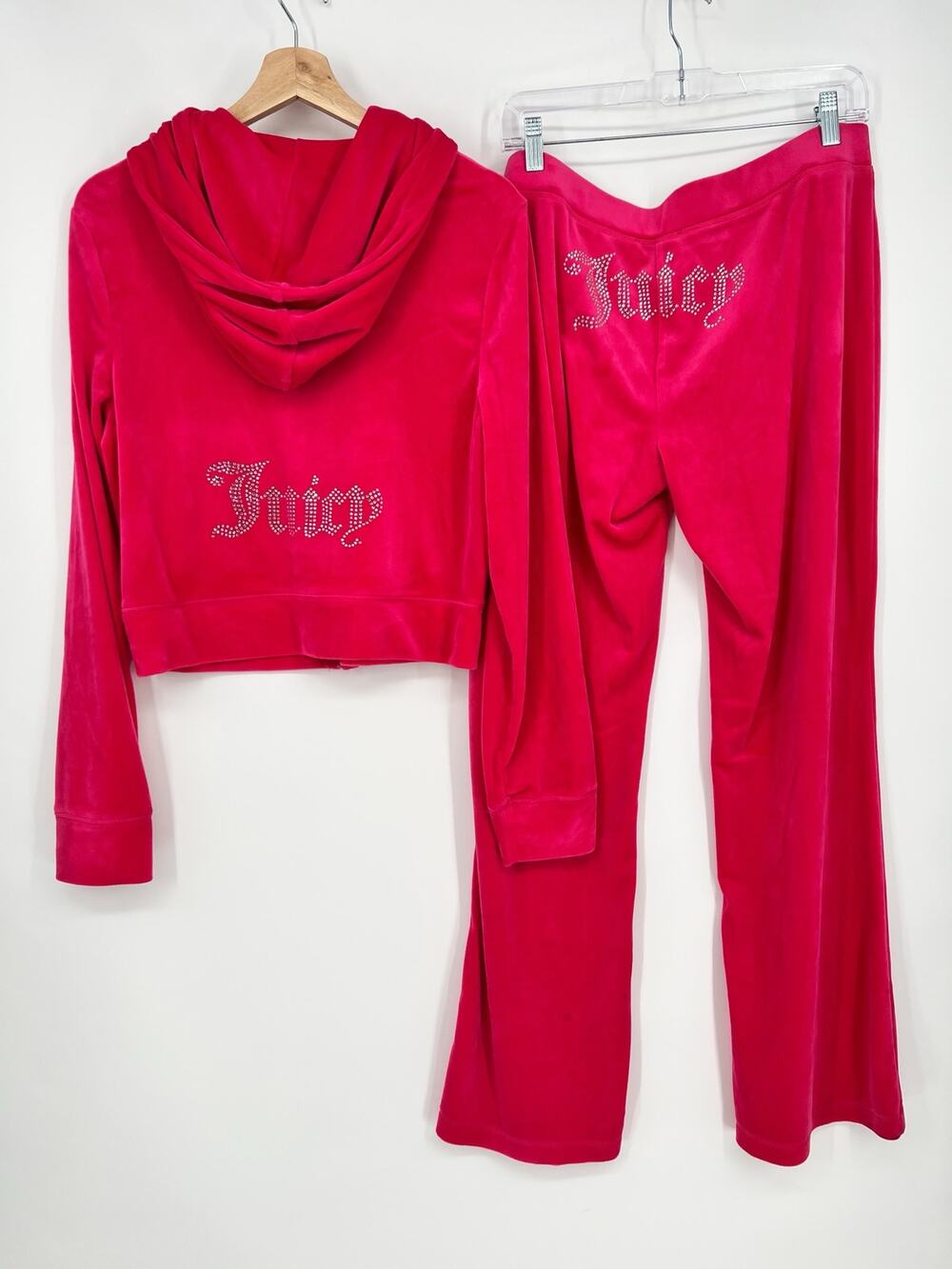 Juicy Couture Velour Track Suit Set Womens Large Hot Pink Rhinestones Bling Y2K